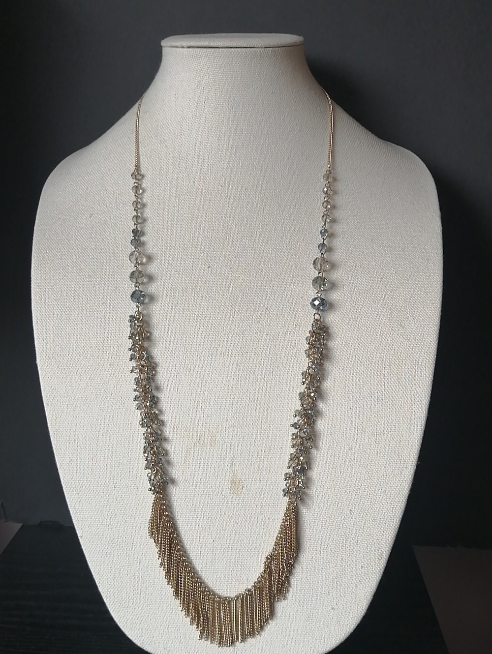 Goldtone Fringe Clear Blue Crystal Beads Chain Necklace